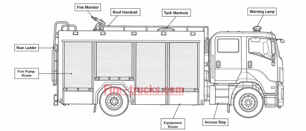 ISUZU GIGA 4x2 Water Foam Fire Fighting Vehicle structure diagram 