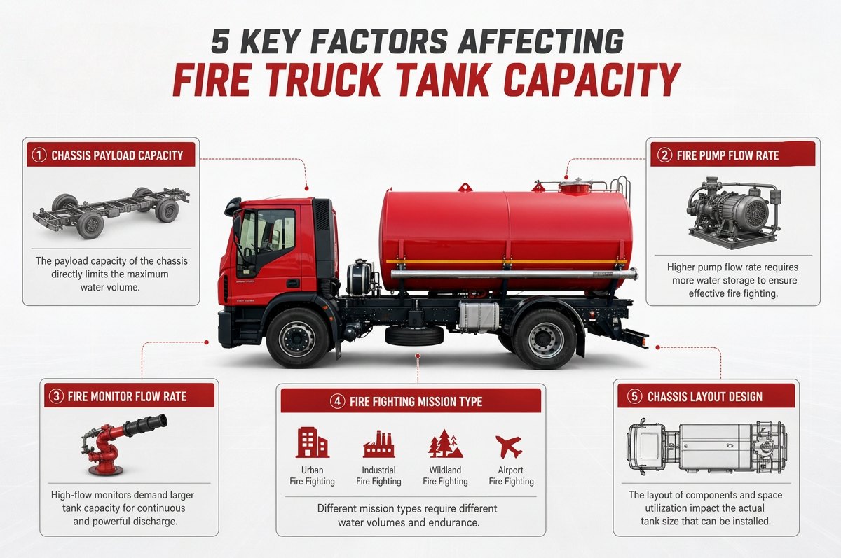What factors affect the water tank capacity of a fire truck?