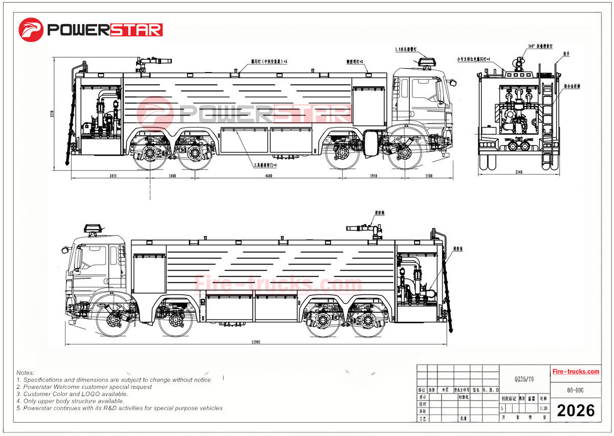 8x4 HOWO petrochemical foam fire truck structure 3D drawing